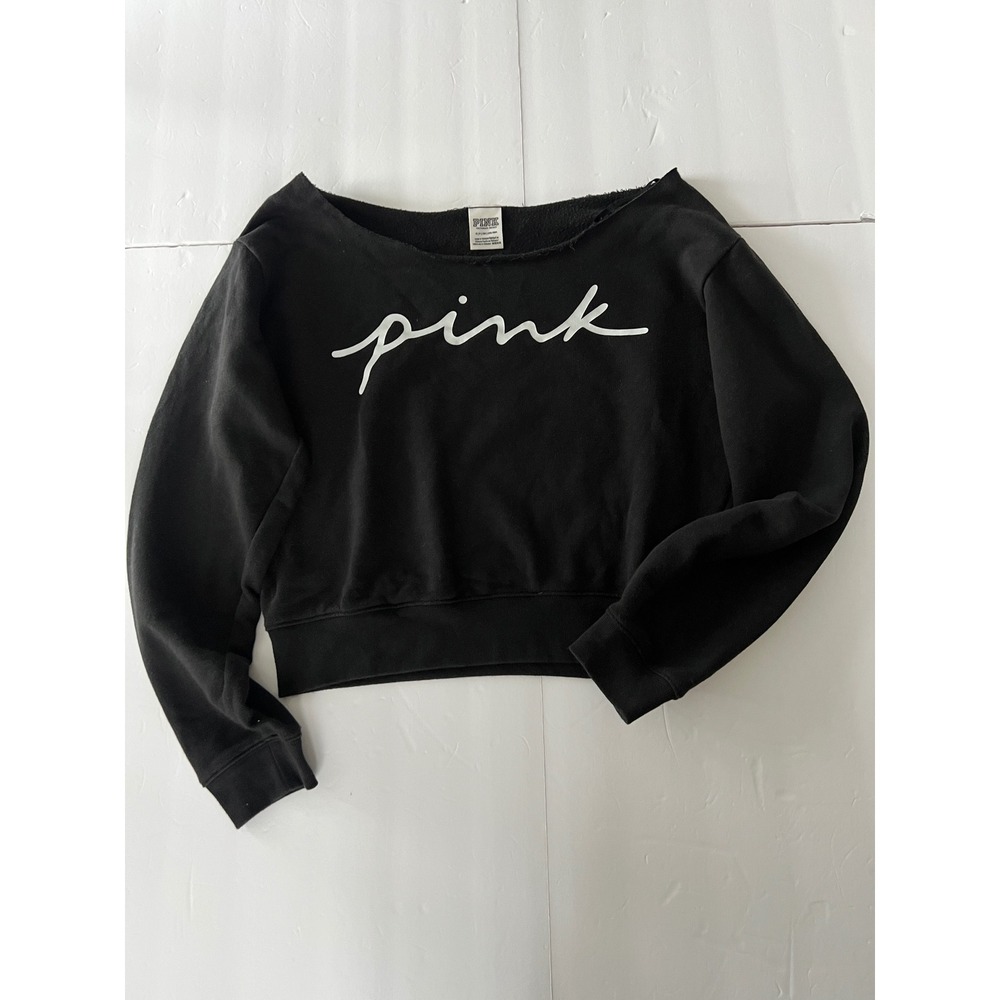 Victoria's Secret PINK Black Script Logo Raw Neck Cropped Sweatshirt Small
